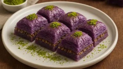 Mor baklava, geleneksel baklavanın orman meyveleriyle renklendirilmiş ve mormiks adı